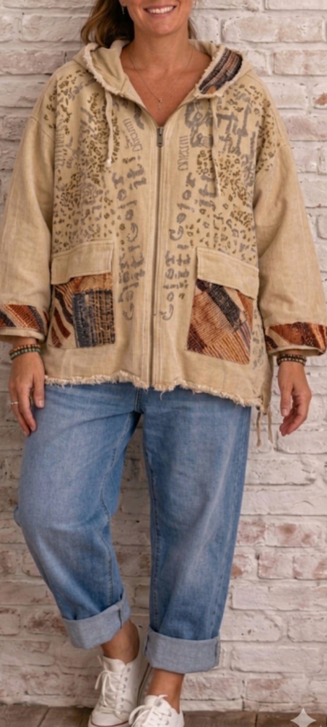 🎀 Veste oversize en toile de coton à capuche – Style bohème