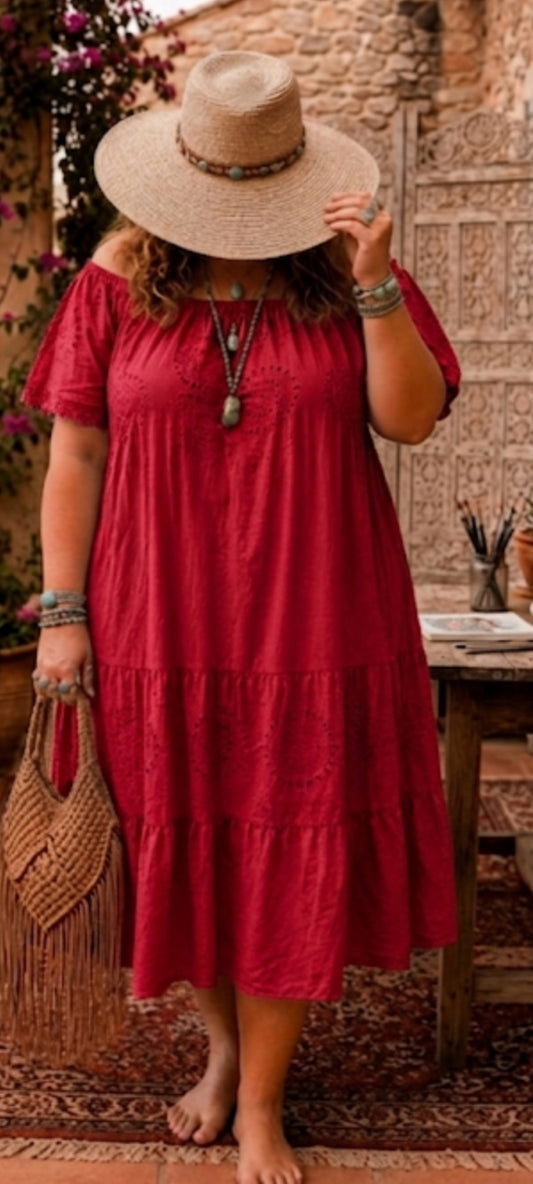 🍒 Robe longue bohème en coton – Rouge framboise