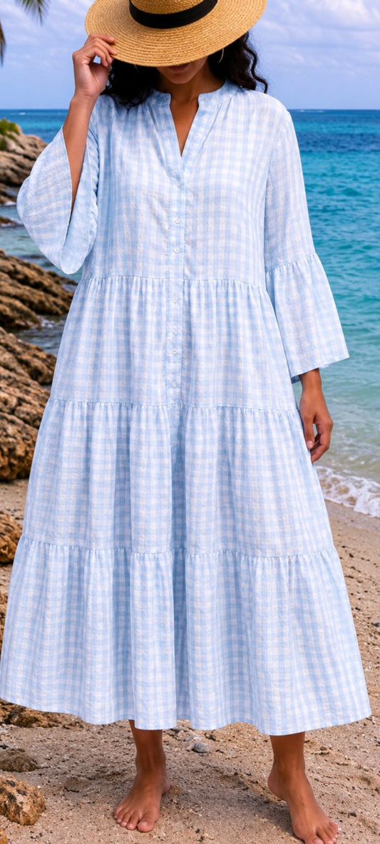 🌴 Robe longue Vichy bohème – Bleu clair