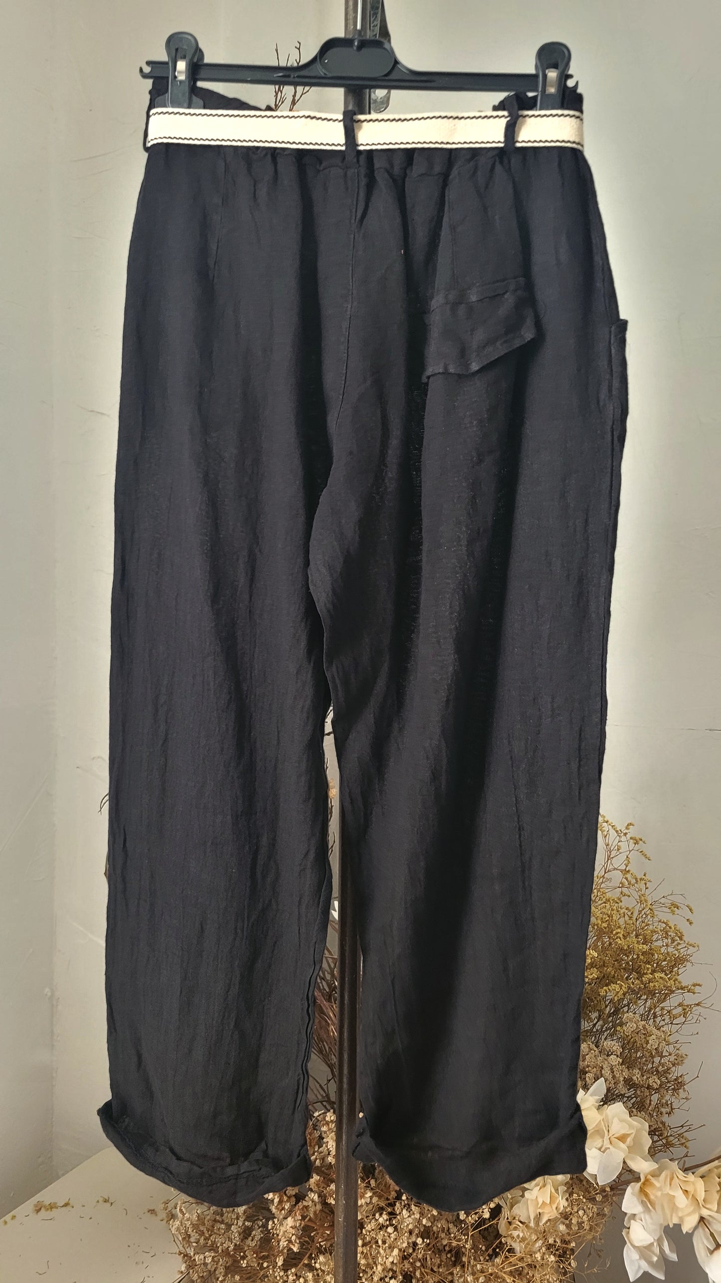 🍀 Pantalon Ample en Lin Tissé – couleur noir