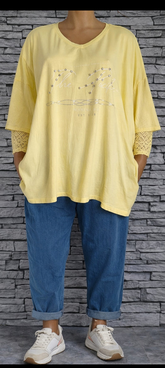 🍒T-Shirt Oversize "Sunny Vibes" – Détails Dentelle & Strass