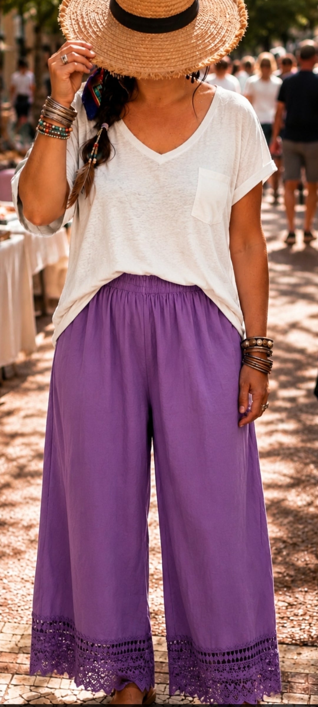 🎀 Pantalon large et fluide en coton violet, style bohème.
