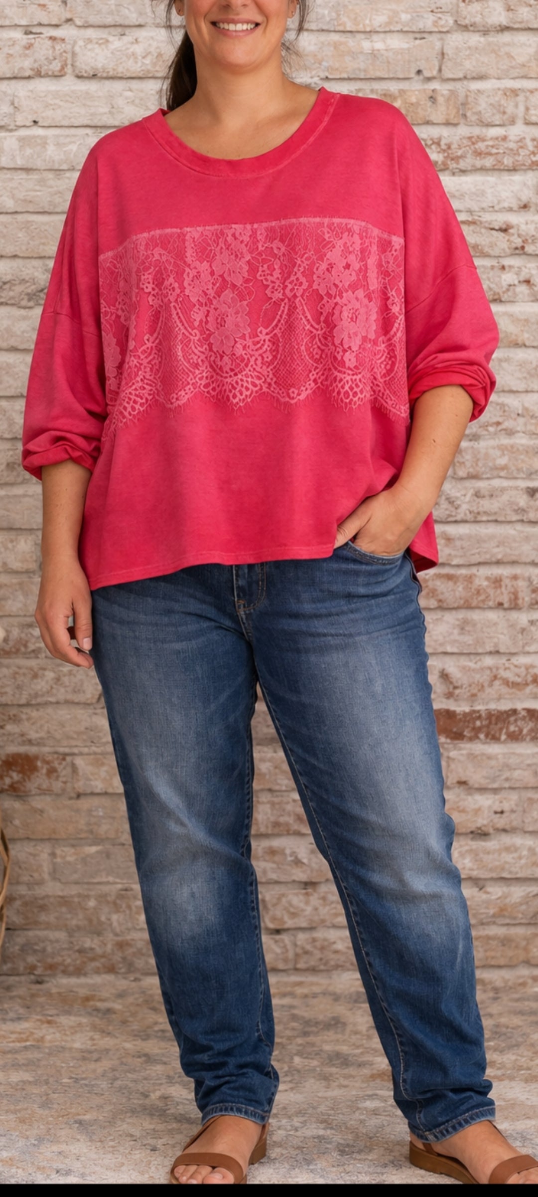 🍀Sweat loose effet lavé avec empiècement dentelle