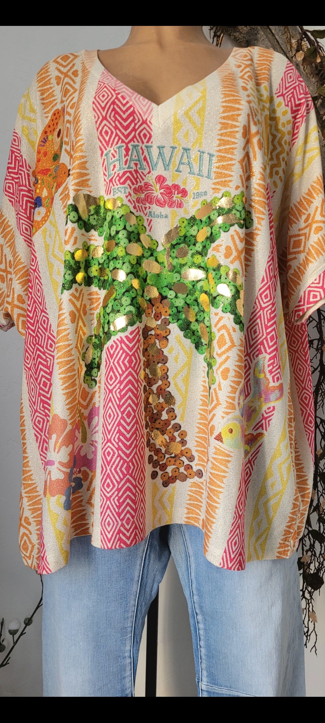 🌴 Tunique Oversize "Aloha Spirit" – Imprimé Ethnique & Palmier Sequins
