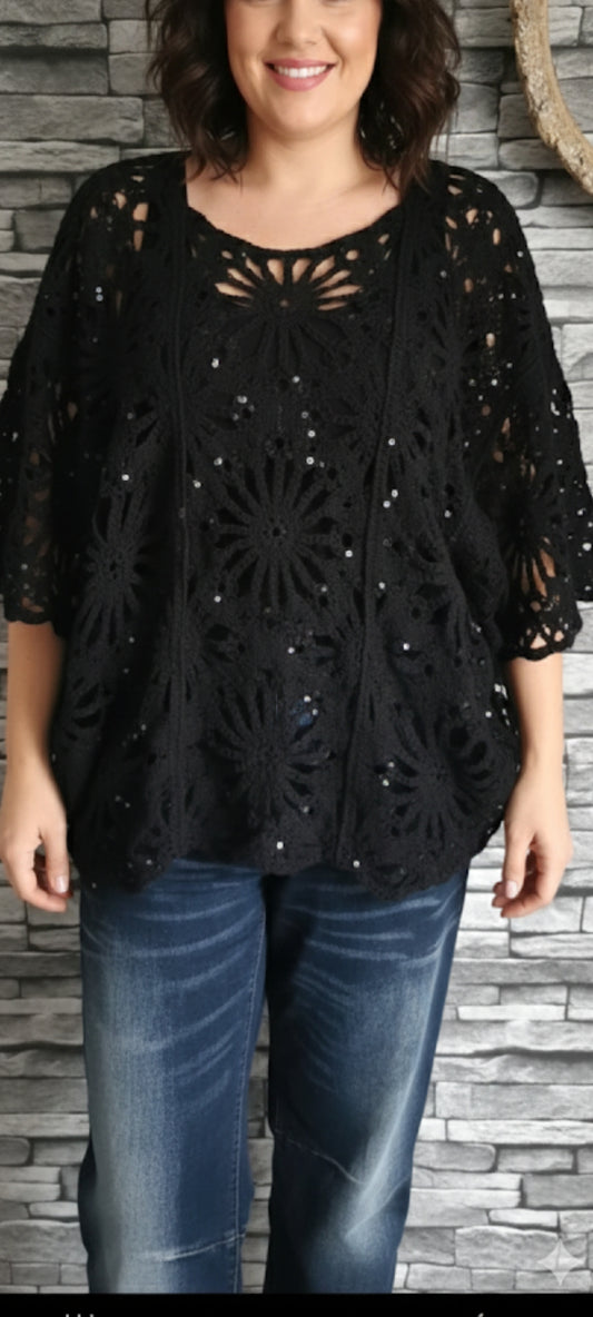 💋 Poncho Crochet & Sequins – Noir