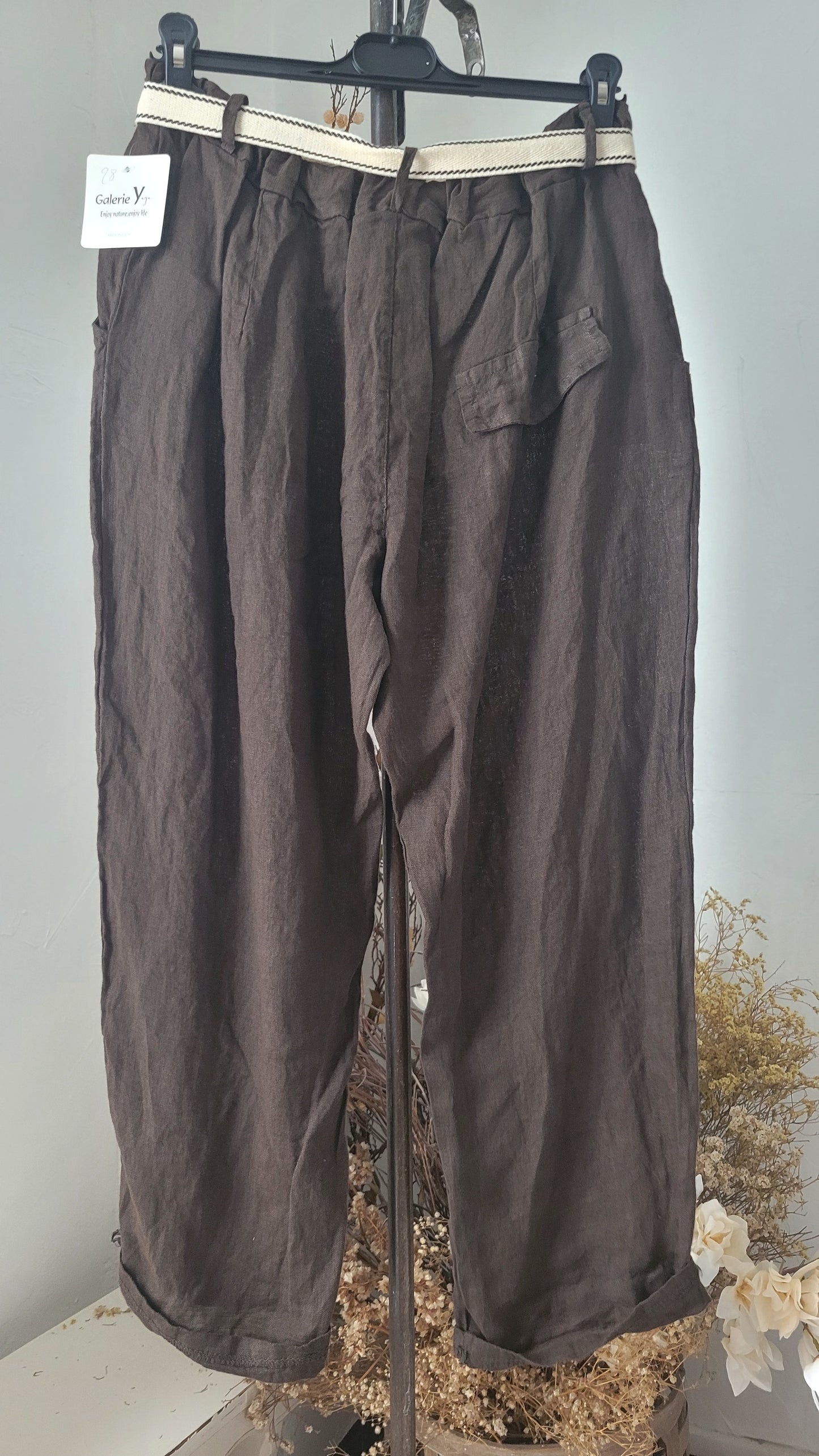 🍀 Pantalon Ample en Lin Tissé – chocolat