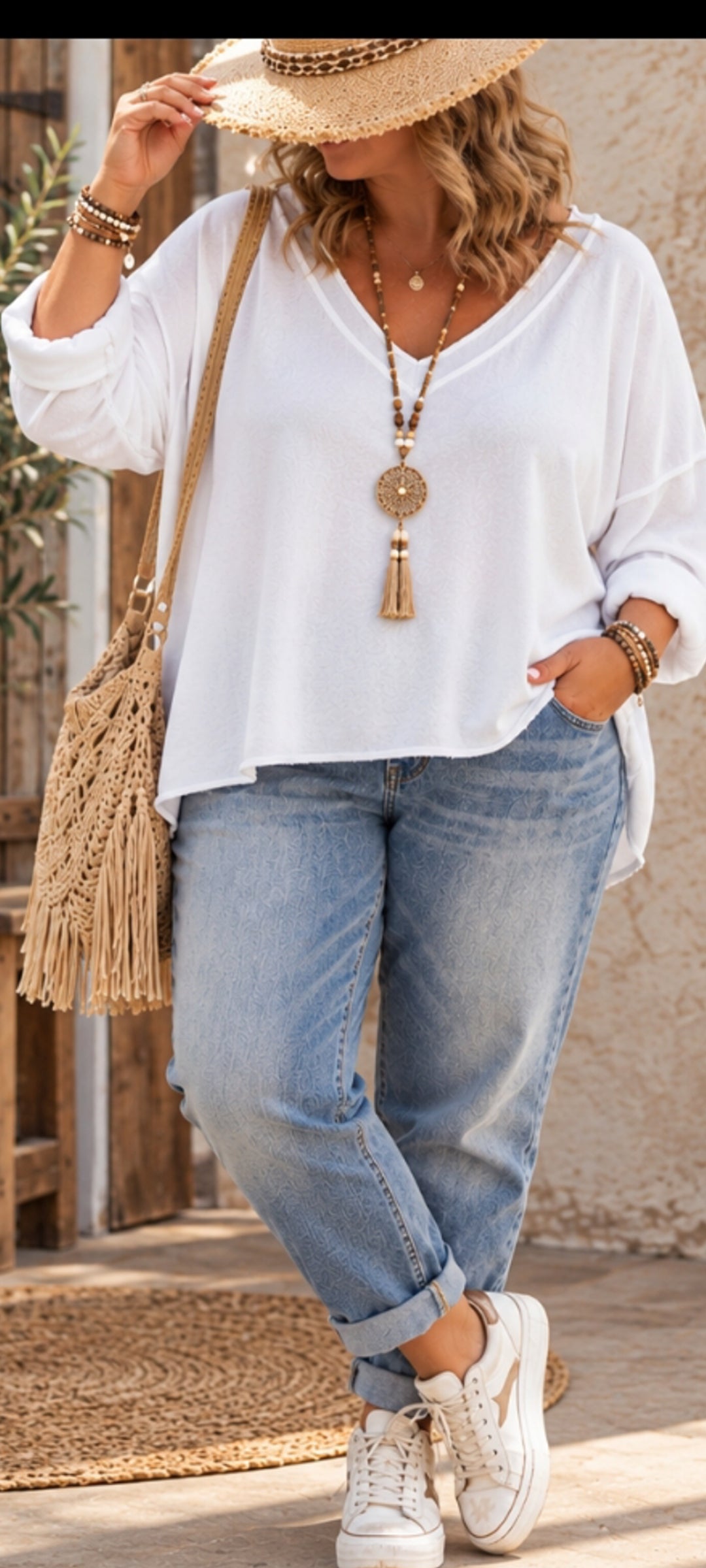 Sweat en Coton Col V - Blanc et Rouille