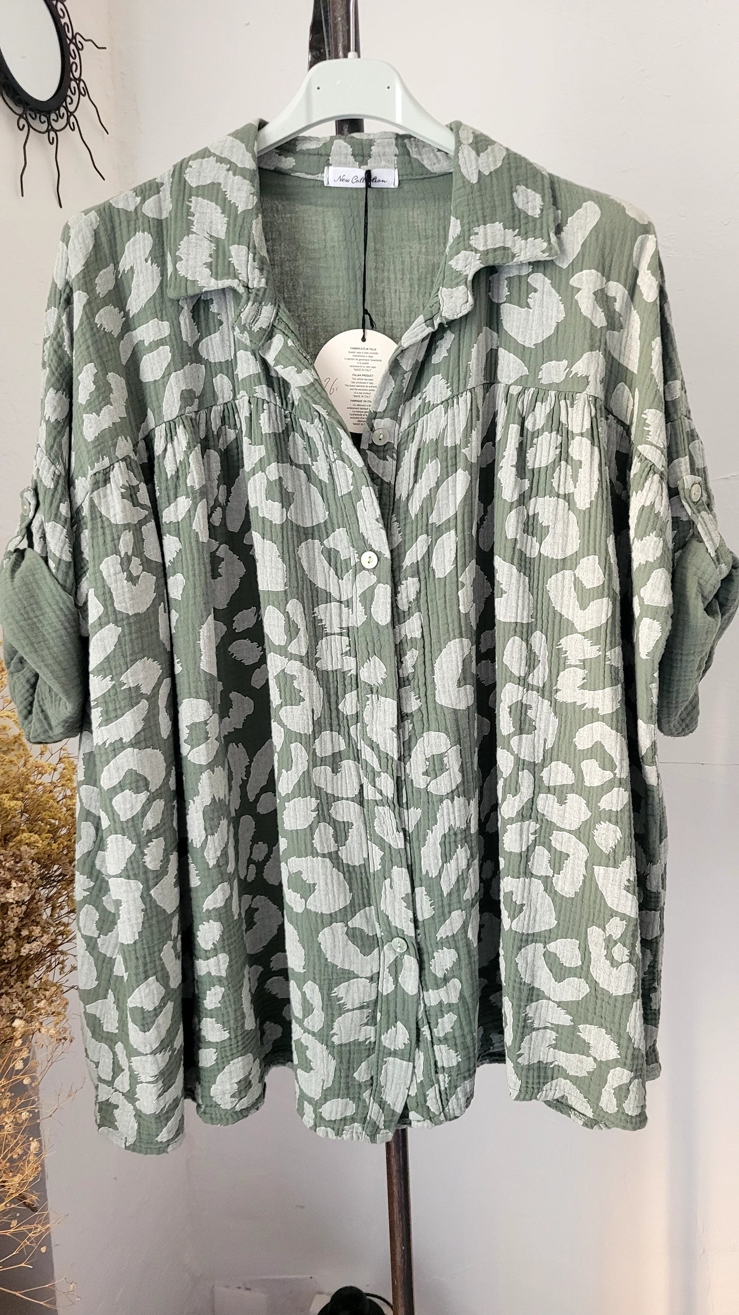 💕Chemise Oversize en Voile de Coton Gaufré à Imprimé Léopard vert