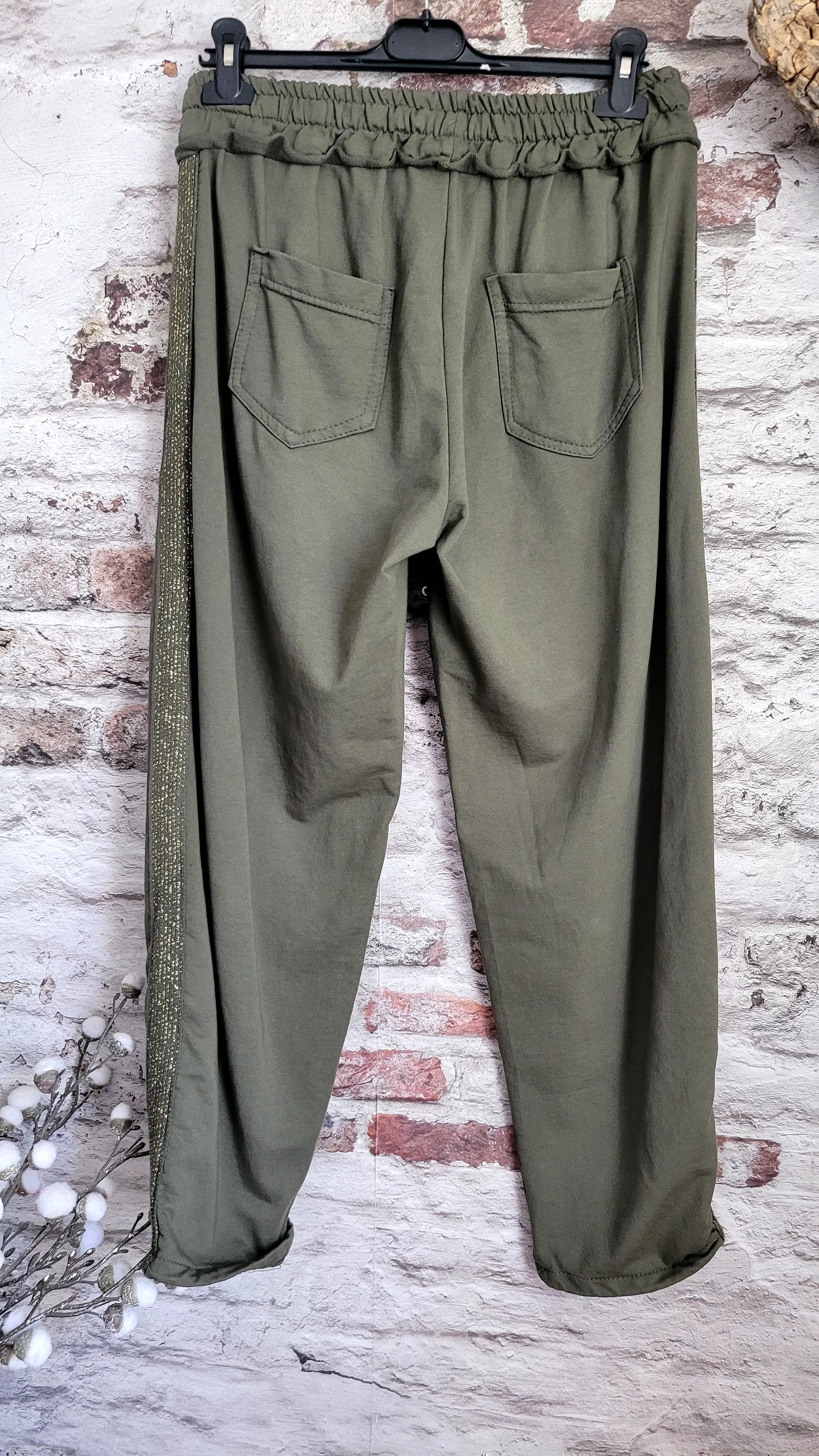 🌺 Pantalon Jogging Kaki Sport-Chic avec Bande Pailletée