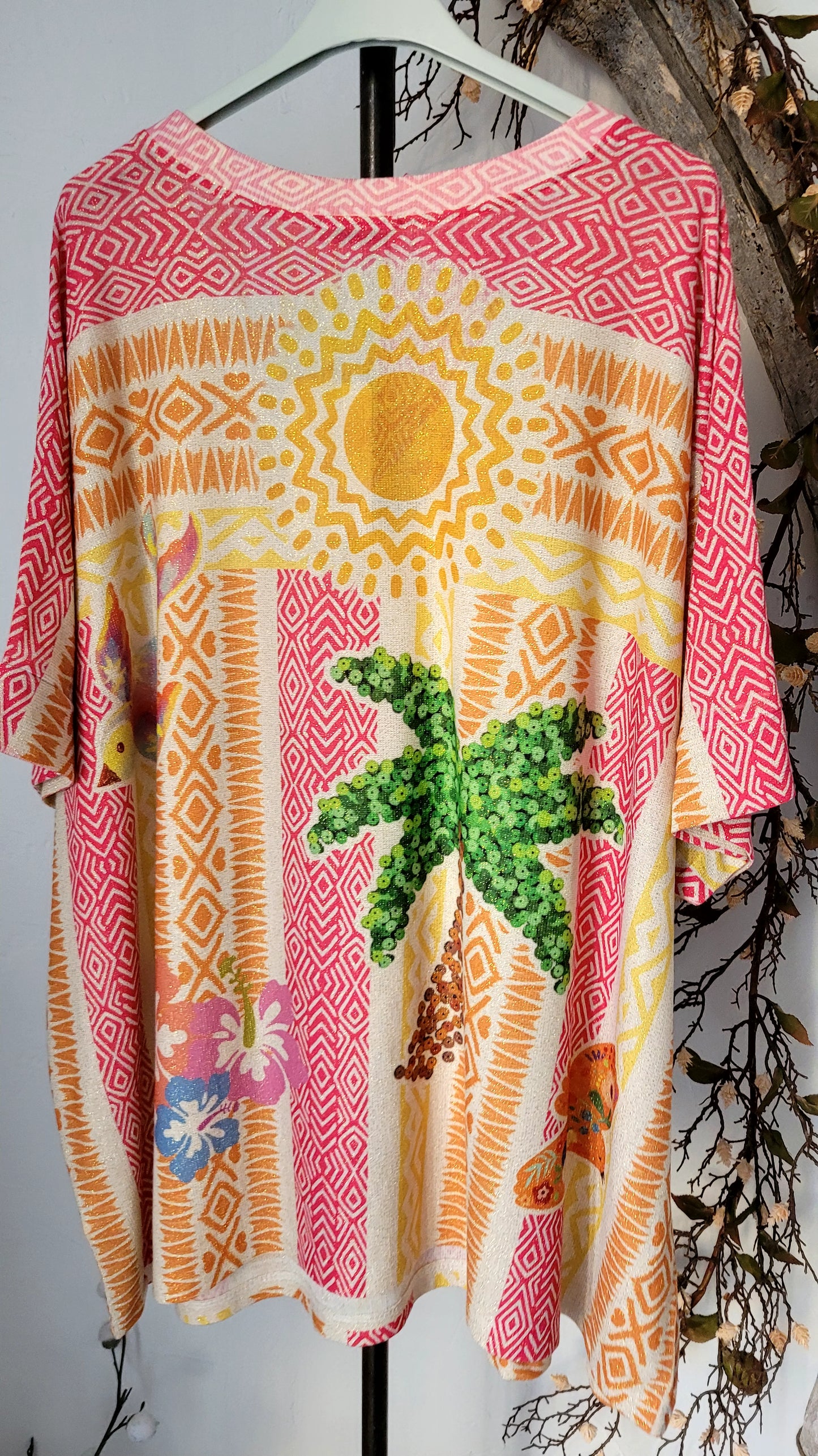 🌴 Tunique Oversize "Aloha Spirit" – Imprimé Ethnique & Palmier Sequins
