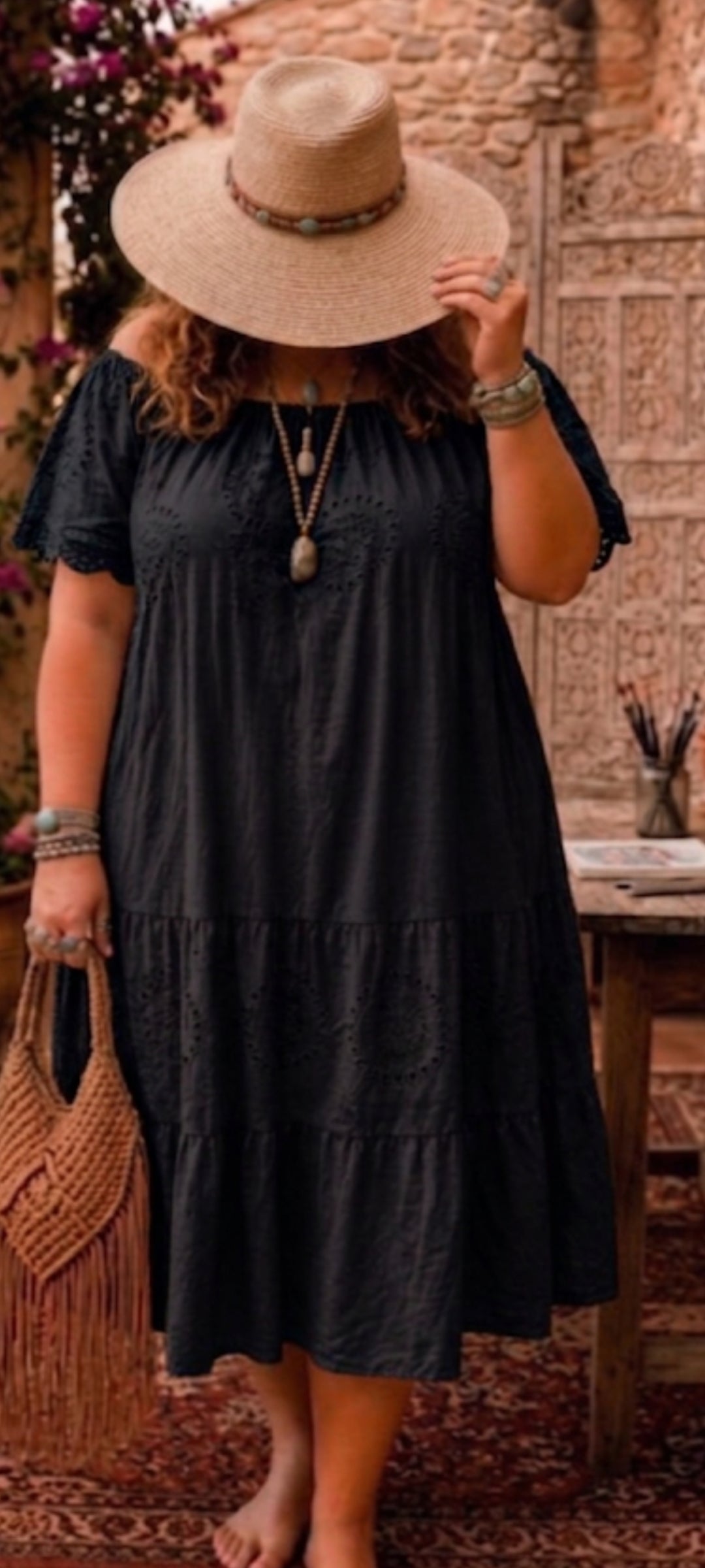 🍒 Robe longue bohème en coton – noir