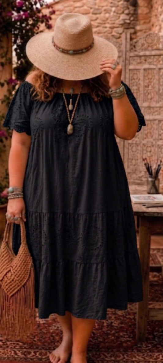 🍒 Robe longue bohème en coton – noir